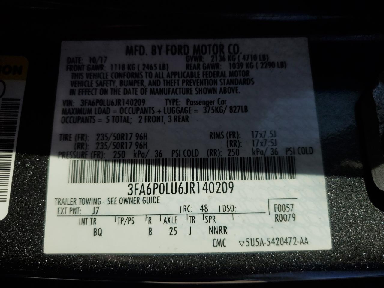 2018 Ford Fusion Se Hybrid VIN: 3FA6P0LU6JR140209 Lot: 86292785