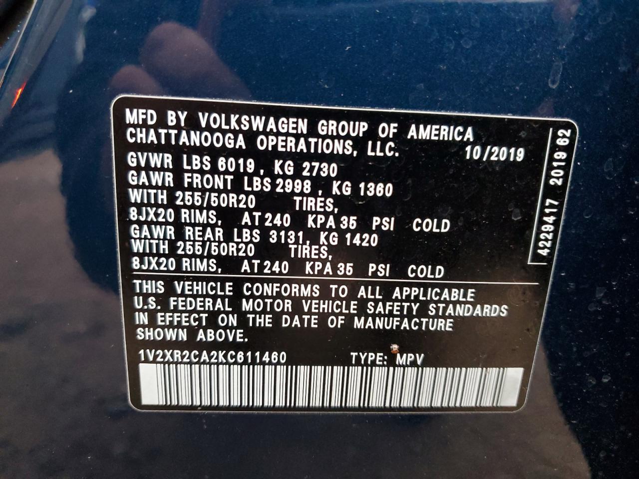 2019 Volkswagen Atlas Se VIN: 1V2XR2CA2KC611460 Lot: 85375305