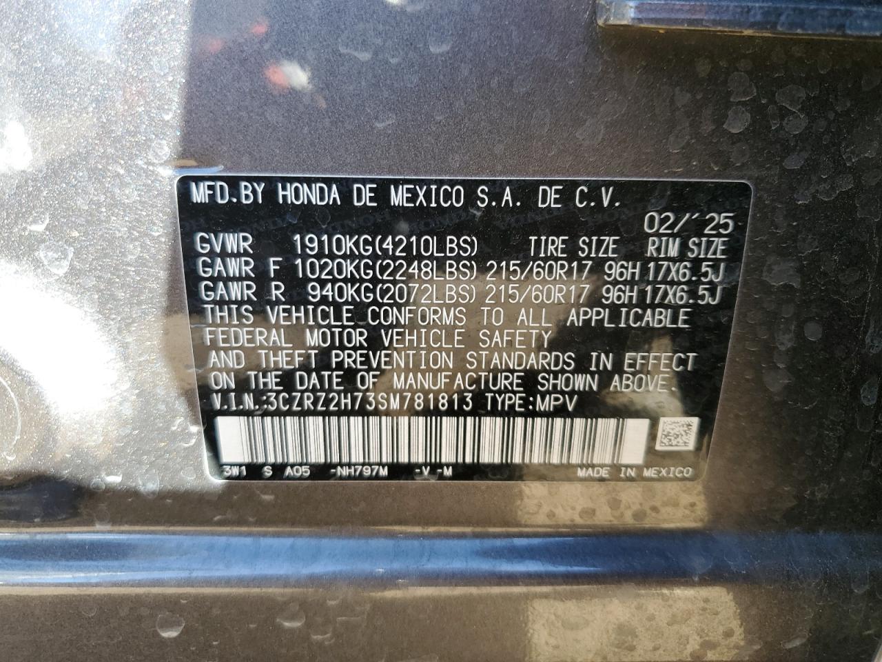 2025 Honda Hr-V Exl VIN: 3CZRZ2H73SM781813 Lot: 87062115