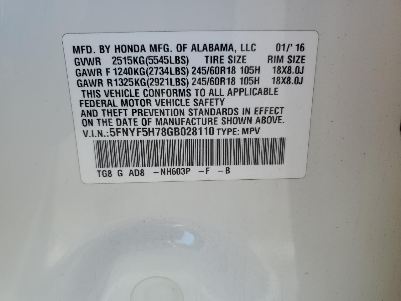 2016 Honda Pilot Exln VIN: 5FNYF5H78GB028110 Lot: 87113915