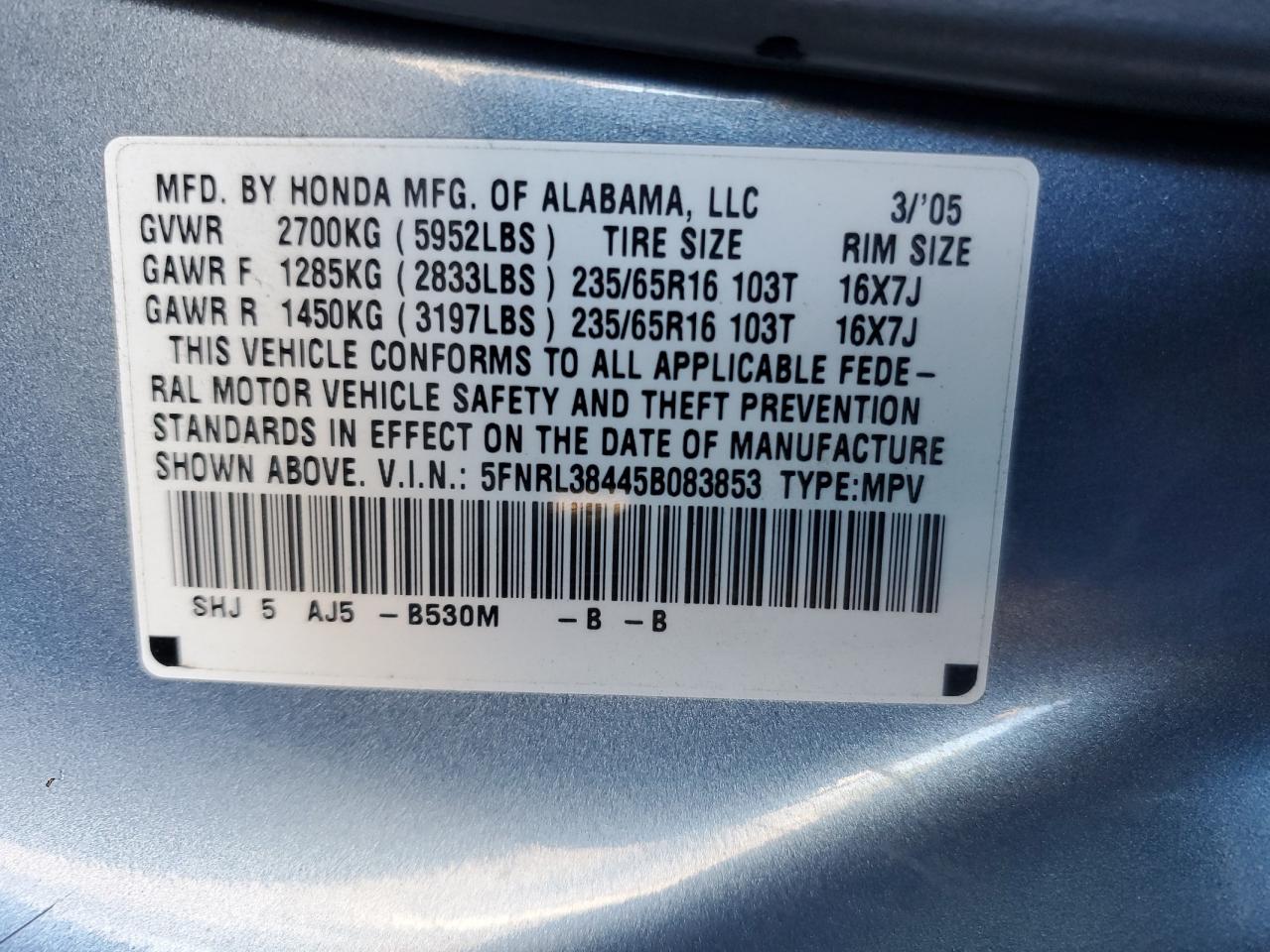 2005 Honda Odyssey Ex VIN: 5FNRL38445B083853 Lot: 82215935