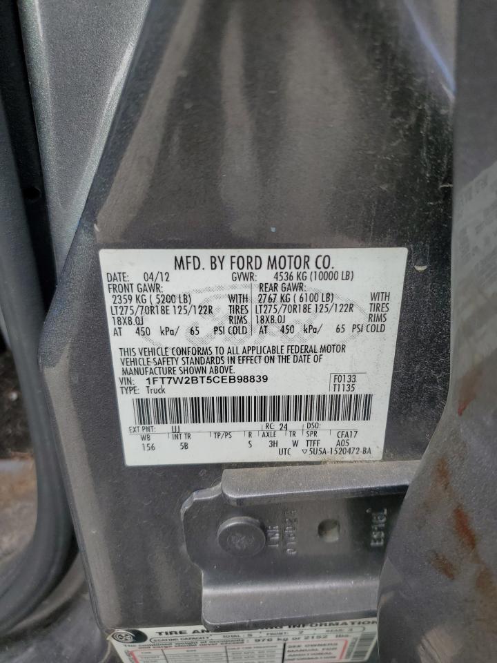 2012 Ford F250 Super Duty VIN: 1FT7W2BT5CEB98839 Lot: 86138205