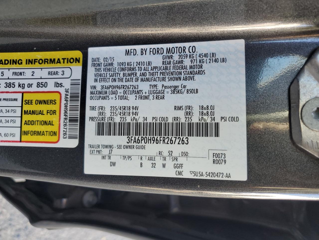 2015 Ford Fusion Se VIN: 3FA6P0H96FR267263 Lot: 82602785