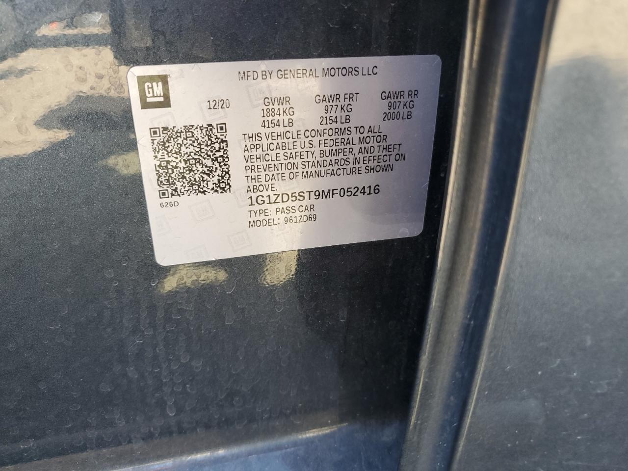 2021 Chevrolet Malibu Lt VIN: 1G1ZD5ST9MF052416 Lot: 85084605