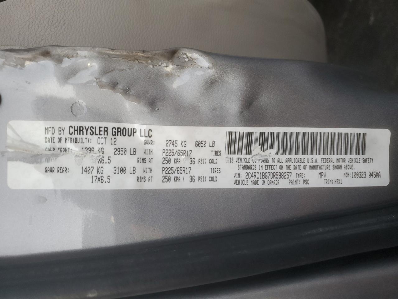 2013 Chrysler Town & Country Touring VIN: 2C4RC1BG7DR598257 Lot: 82213625