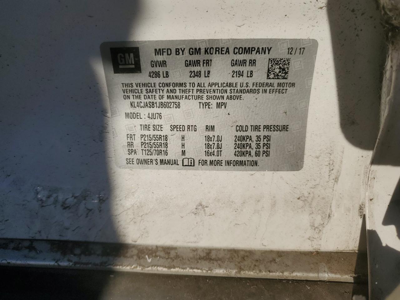 2018 Buick Encore Preferred VIN: KL4CJASB1JB602758 Lot: 86667985