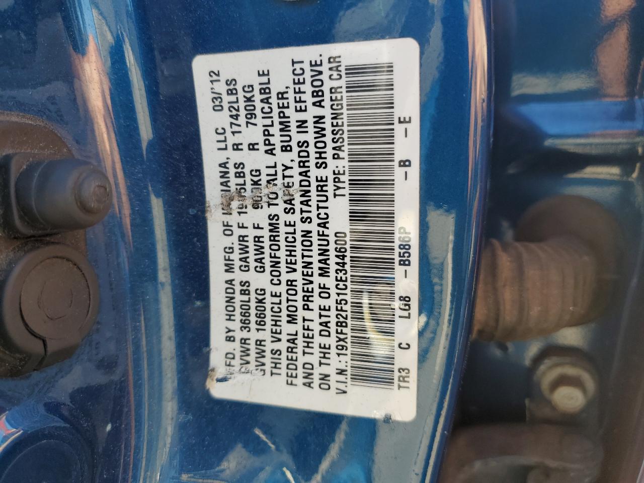 2012 Honda Civic Lx VIN: 19XFB2F51CE344600 Lot: 84378215