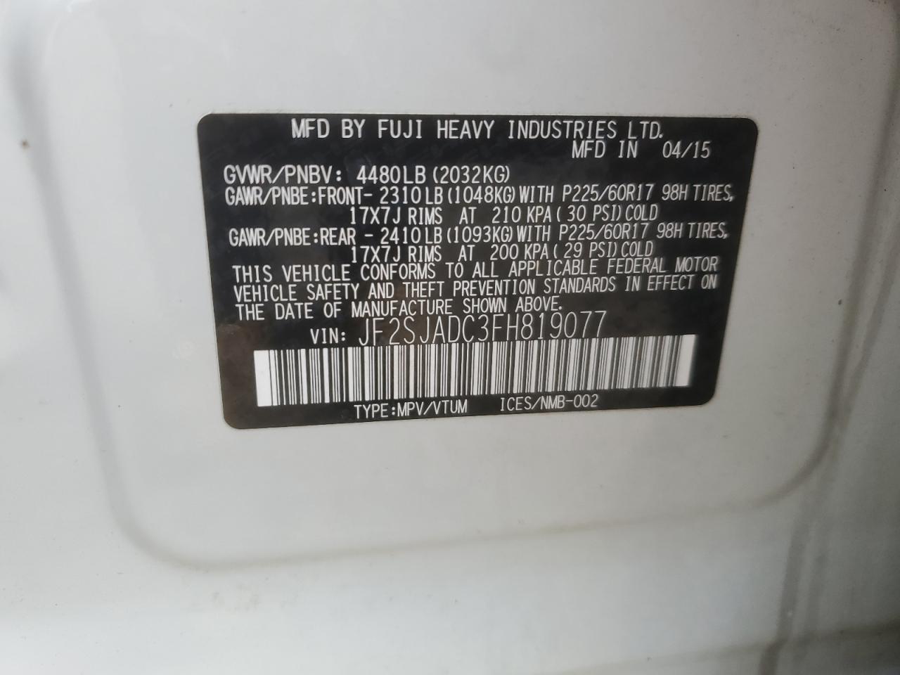 2015 Subaru Forester 2.5I Premium VIN: JF2SJADC3FH819077 Lot: 85487935