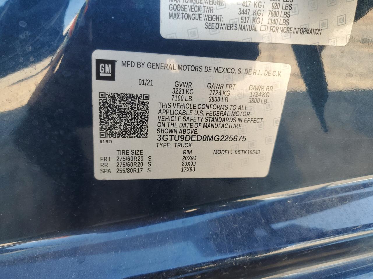 2021 GMC Sierra K1500 Slt VIN: 3GTU9DED0MG225675 Lot: 86335055