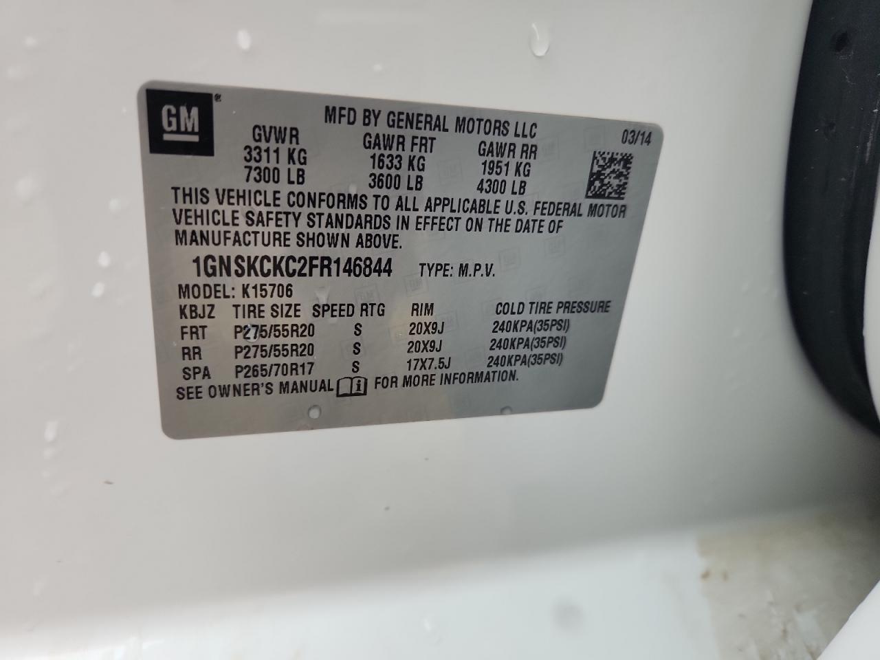 2015 Chevrolet Tahoe K1500 Ltz VIN: 1GNSKCKC2FR146844 Lot: 84647295