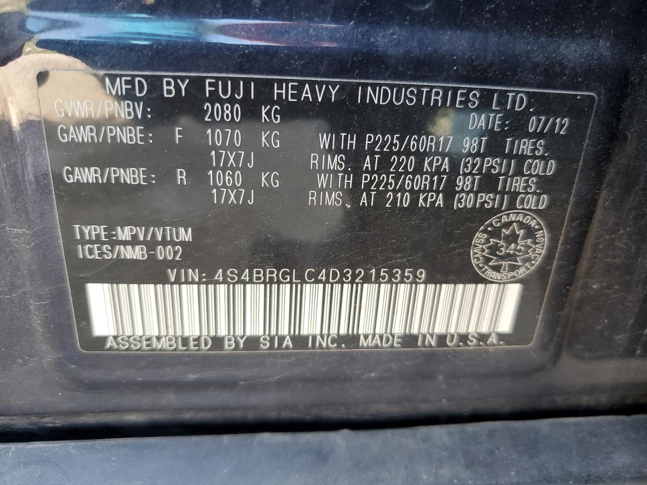 2013 Subaru Outback 2.5I Limited VIN: 4S4BRGLC4D3215359 Lot: 85509095