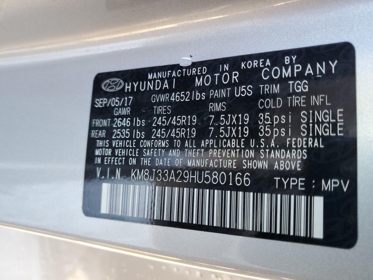 2017 Hyundai Tucson Limited VIN: KM8J33A29HU580166 Lot: 86407265