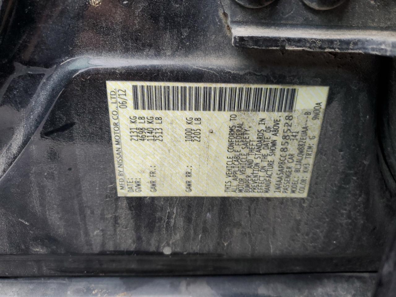 2012 Nissan Maxima S VIN: 1N4AA5AP8CC858528 Lot: 82750525