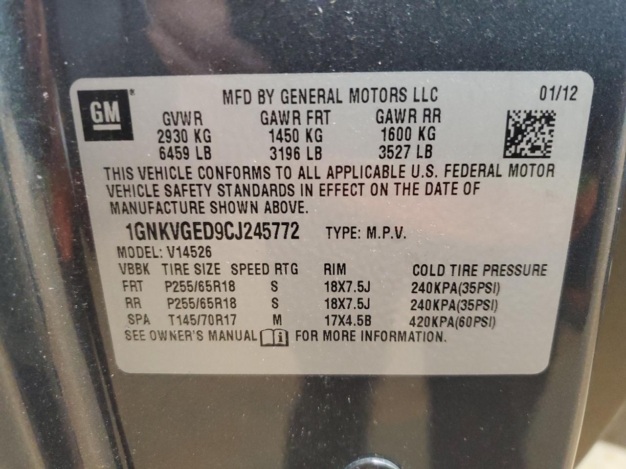 2012 Chevrolet Traverse Lt VIN: 1GNKVGED9CJ245772 Lot: 82395885