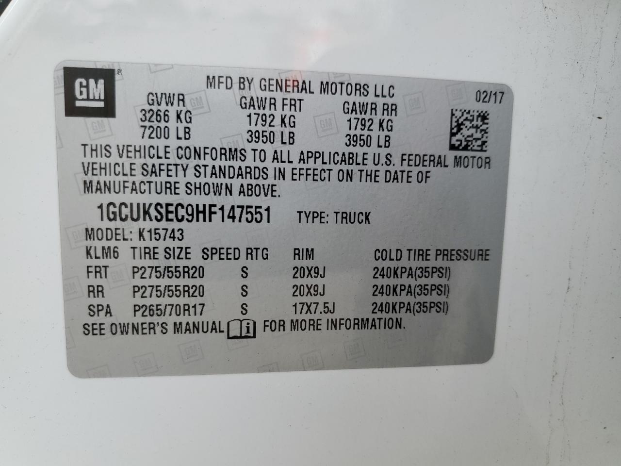 2017 Chevrolet Silverado K1500 Ltz VIN: 1GCUKSEC9HF147551 Lot: 85124435