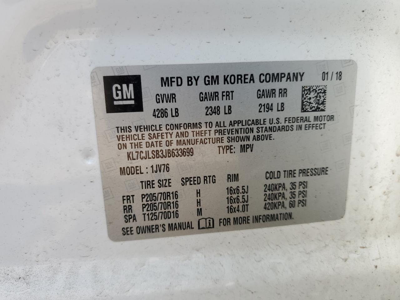 2018 Chevrolet Trax 1Lt VIN: KL7CJLSB3JB633699 Lot: 82449835