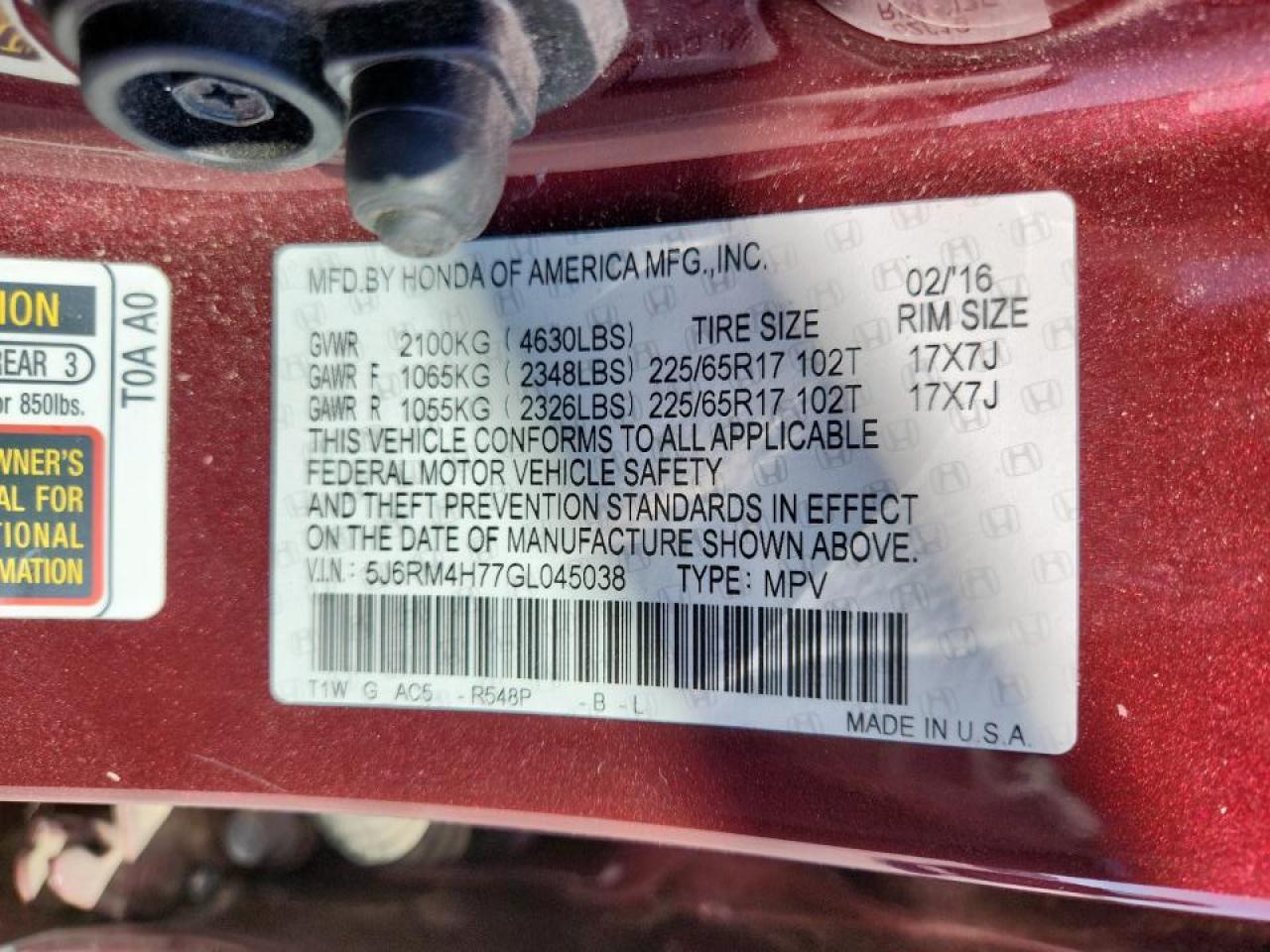 2016 Honda Cr-V Exl VIN: 5J6RM4H77GL045038 Lot: 85374295