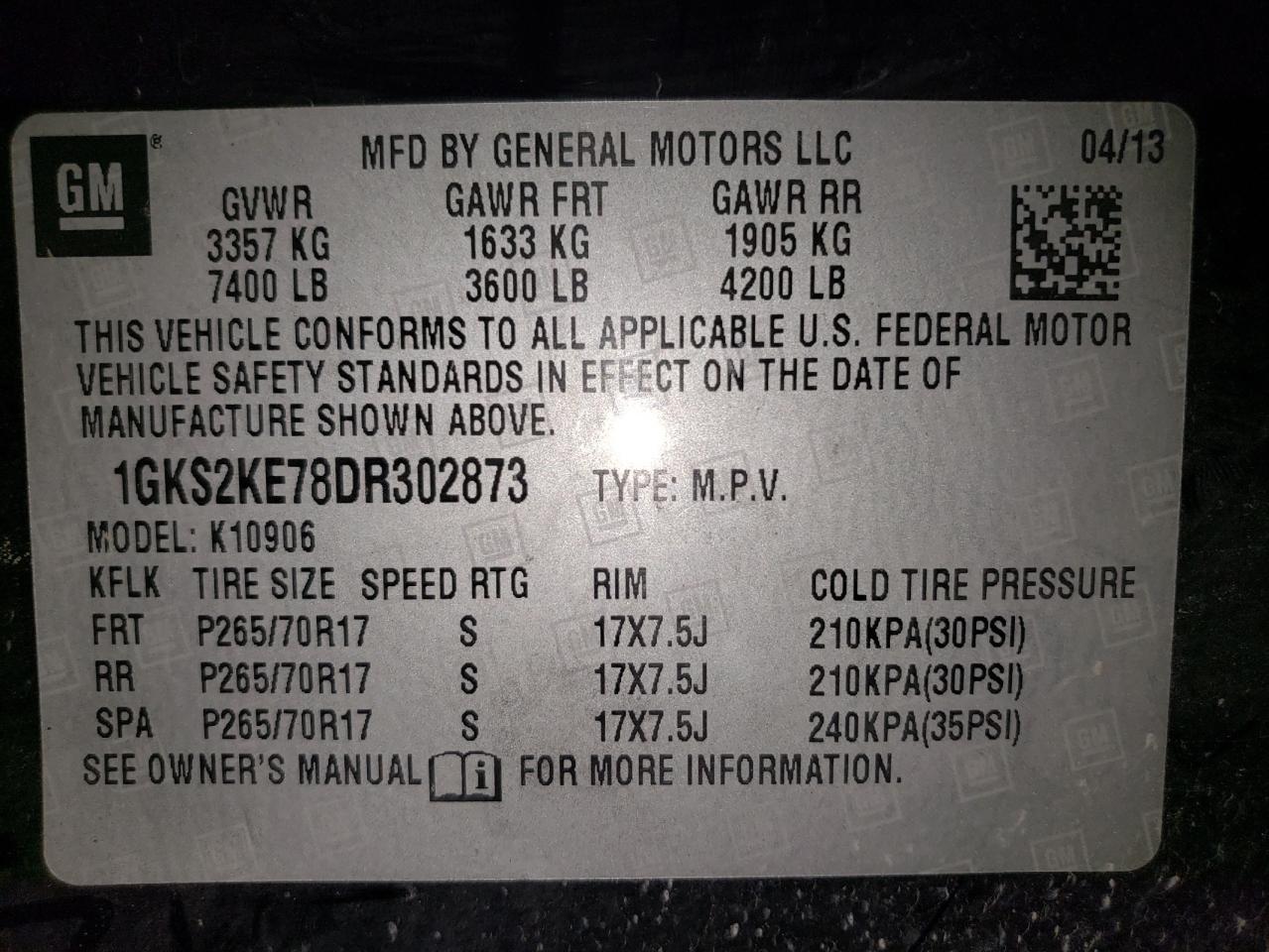 2013 GMC Yukon Xl K1500 Slt VIN: 1GKS2KE78DR302873 Lot: 82361355