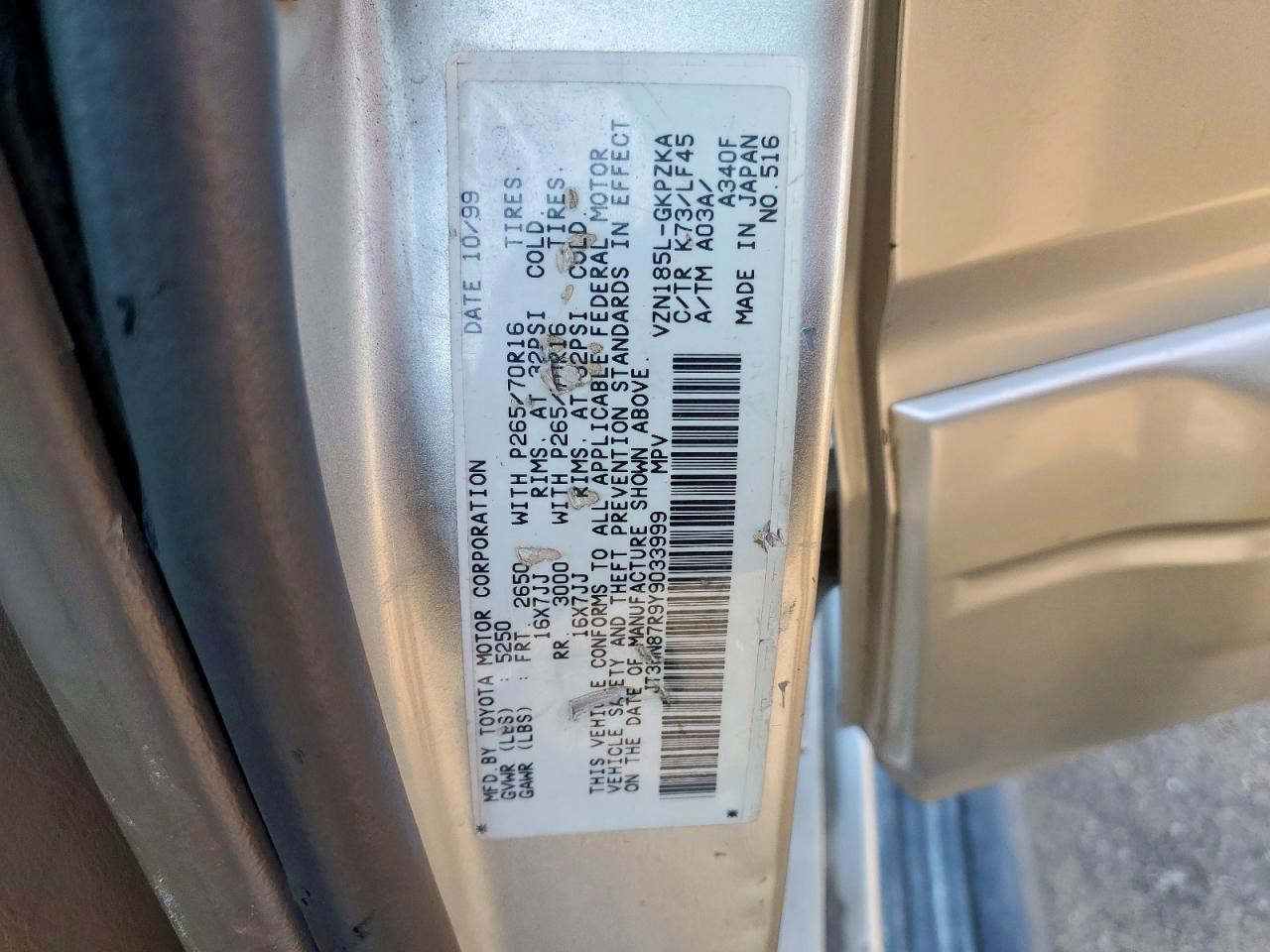 2000 Toyota 4Runner Limited VIN: JT3HN87R9Y9033999 Lot: 82441455