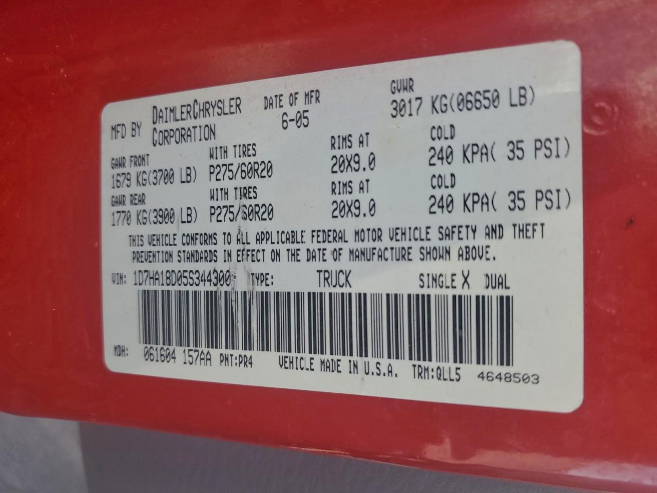 2005 Dodge Ram 1500 St VIN: 1D7HA18D05S344300 Lot: 91020355