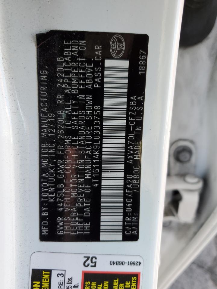 2020 Toyota Camry Se VIN: 4T1G11AK9LU333758 Lot: 82210675