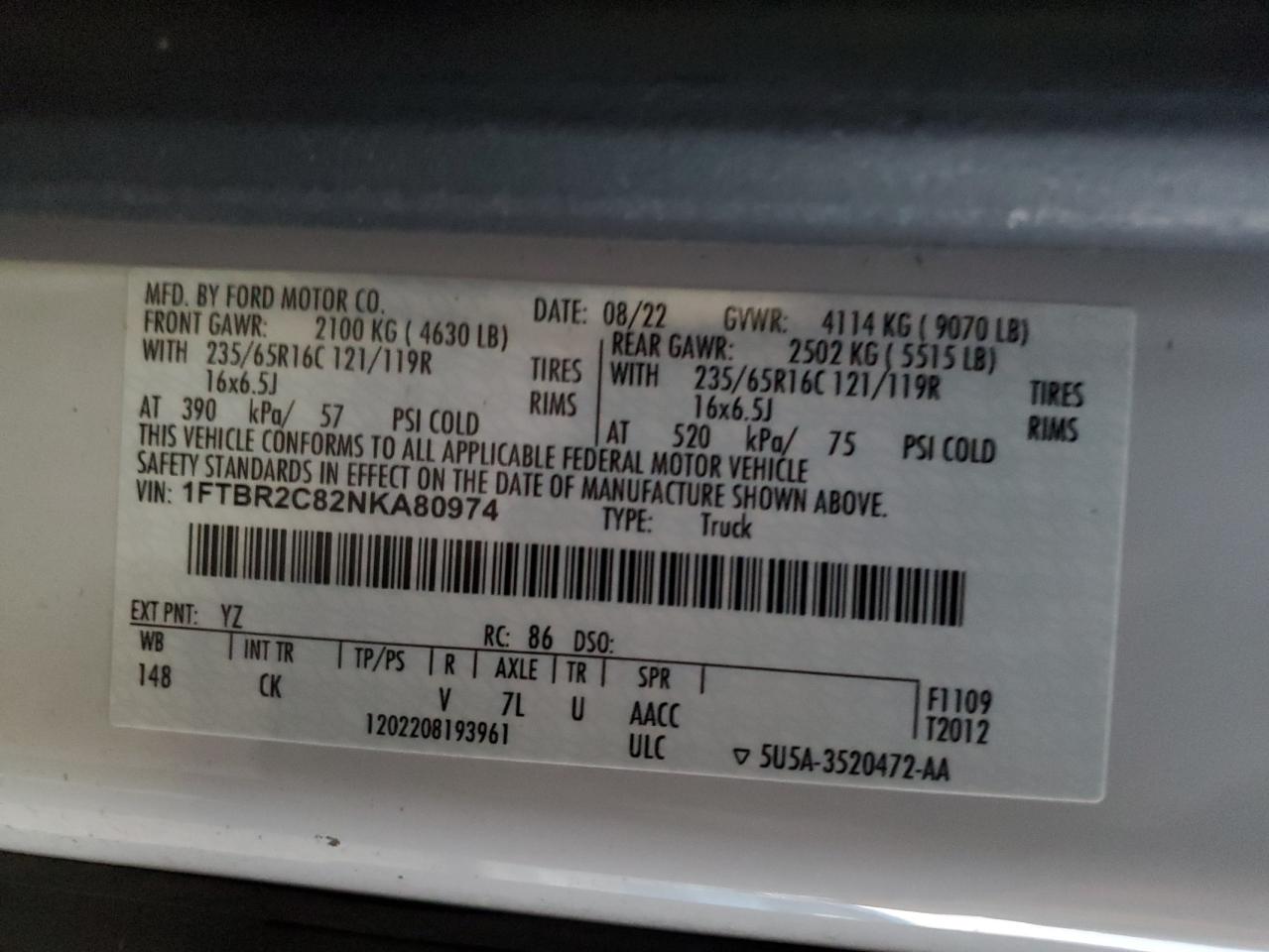 2022 Ford Transit T-250 VIN: 1FTBR2C82NKA80974 Lot: 86771935