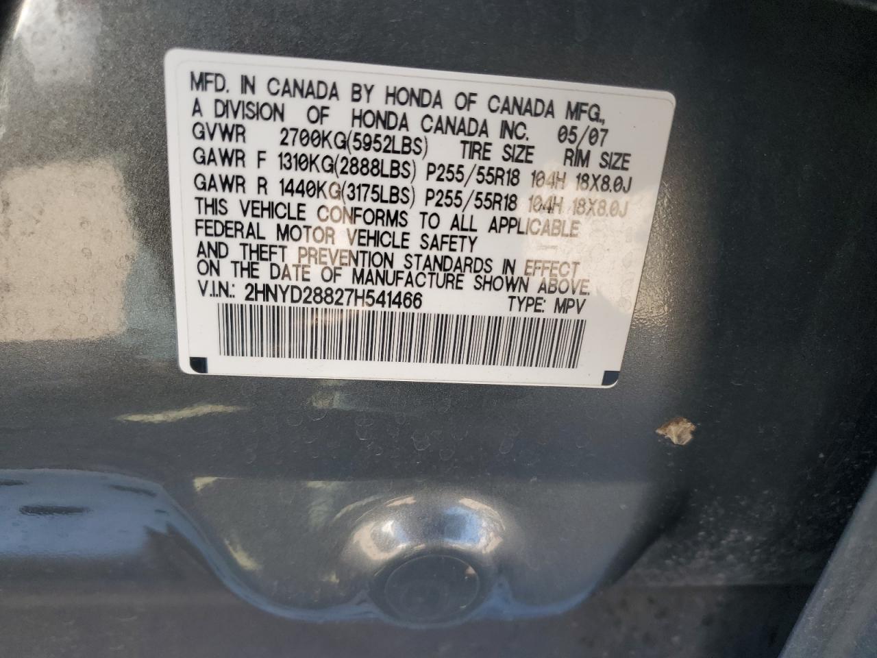 2007 Acura Mdx Sport VIN: 2HNYD28827H541466 Lot: 86834455