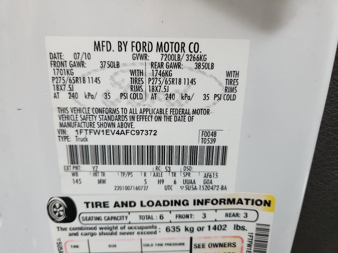 2010 Ford F150 Supercrew VIN: 1FTFW1EV4AFC97372 Lot: 89531455