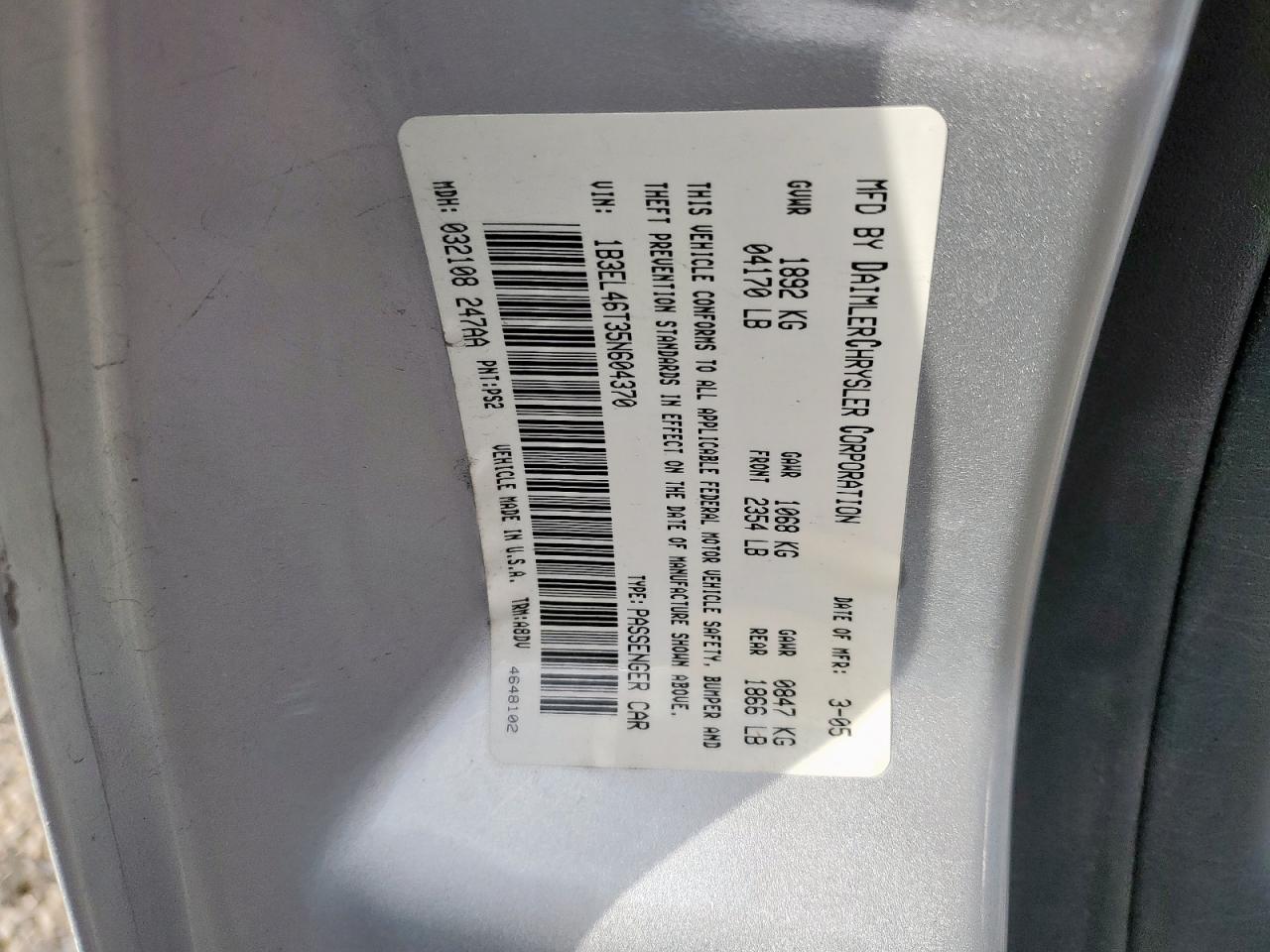 2005 Dodge Stratus Sxt VIN: 1B3EL46T35N604370 Lot: 90484625