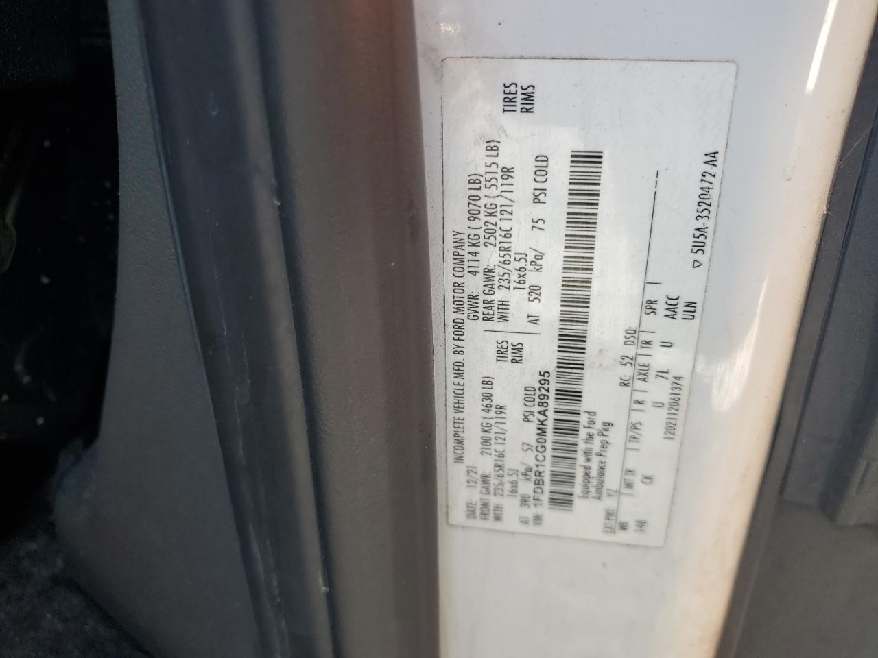 2021 Ford Transit T- - Ambulance VIN: 1FDBR1CG0MKA89295 Lot: 86509215