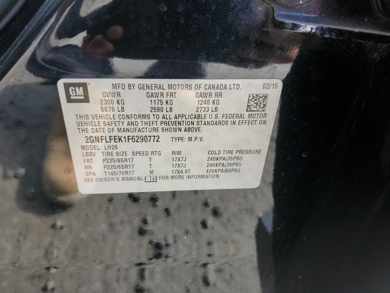 2015 Chevrolet Equinox Lt VIN: 2GNFLFEK1F6290772 Lot: 81948975