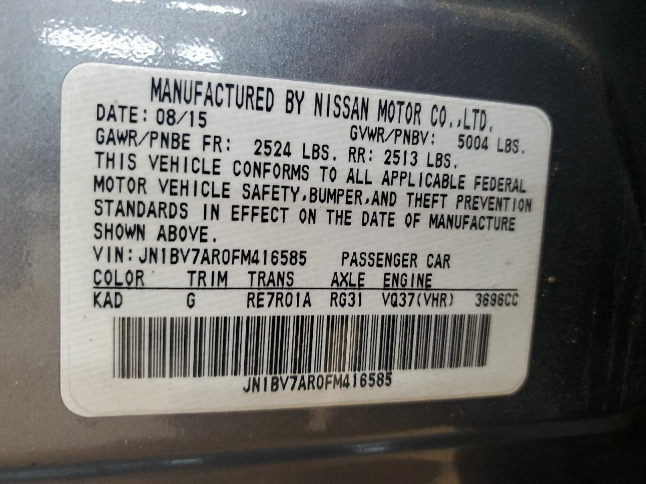 2015 Infiniti Q50 Base VIN: JN1BV7AR0FM416585 Lot: 82249065