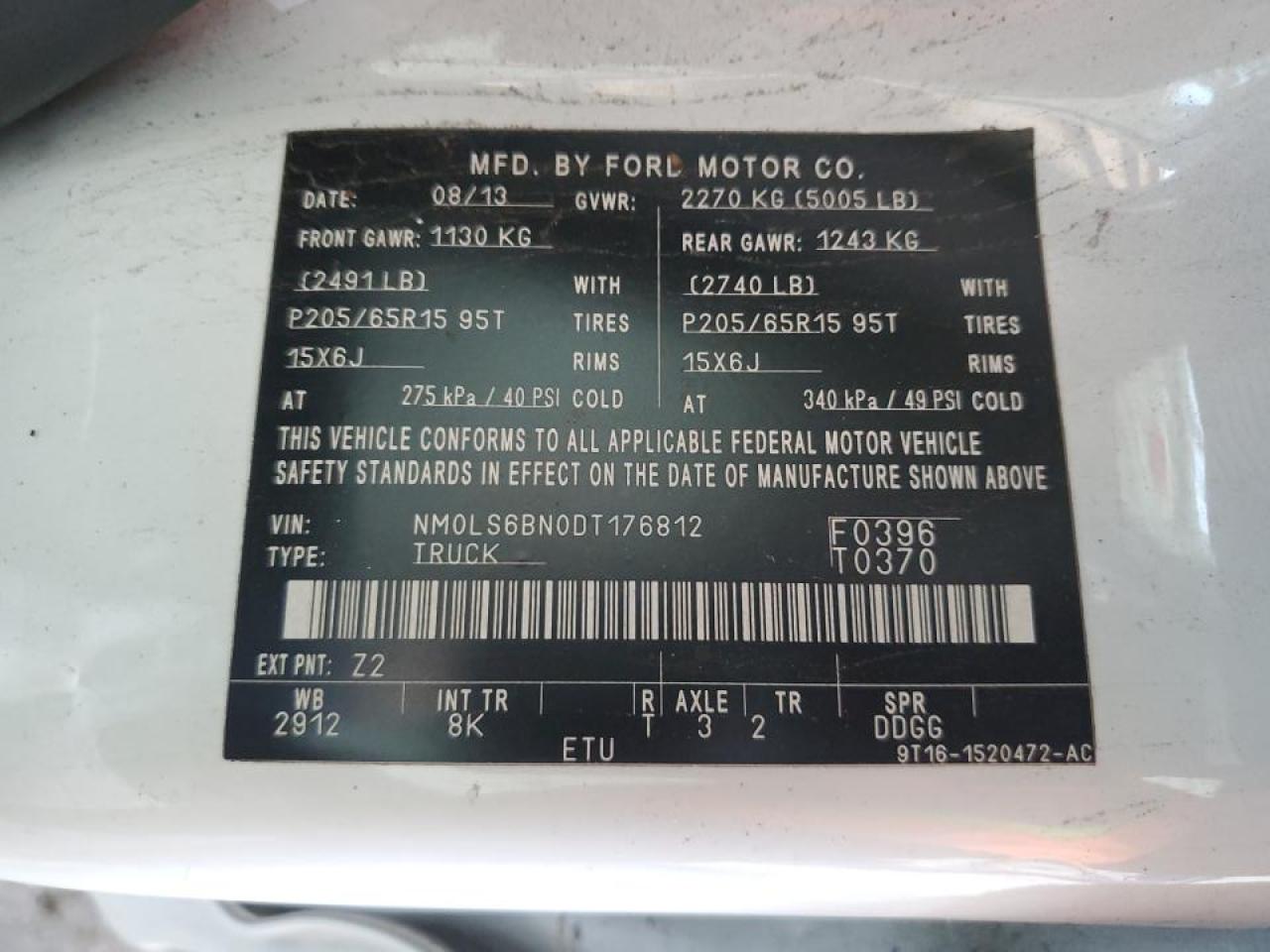 2013 Ford Transit Connect Delivery Van VIN: NM0LS6BN0DT176812 Lot: 82330135