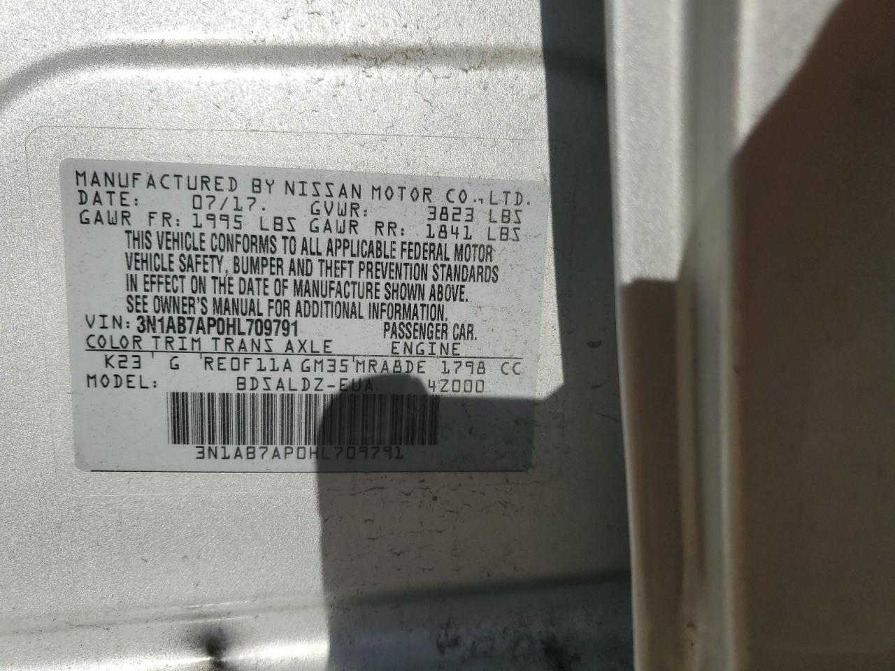 2017 Nissan Sentra S VIN: 3N1AB7AP0HL709791 Lot: 85487095