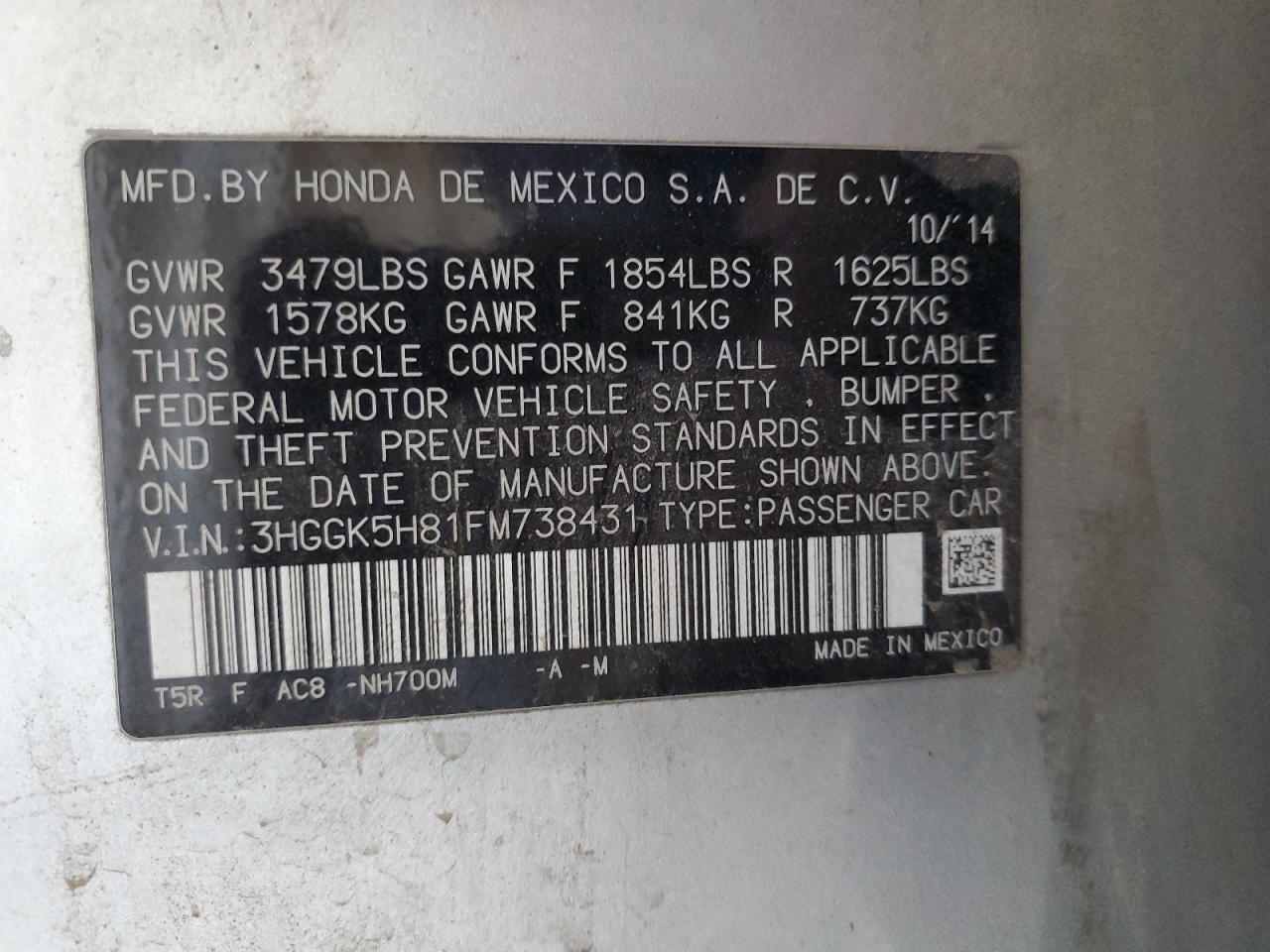 2015 Honda Fit Ex VIN: 3HGGK5H81FM738431 Lot: 87010505