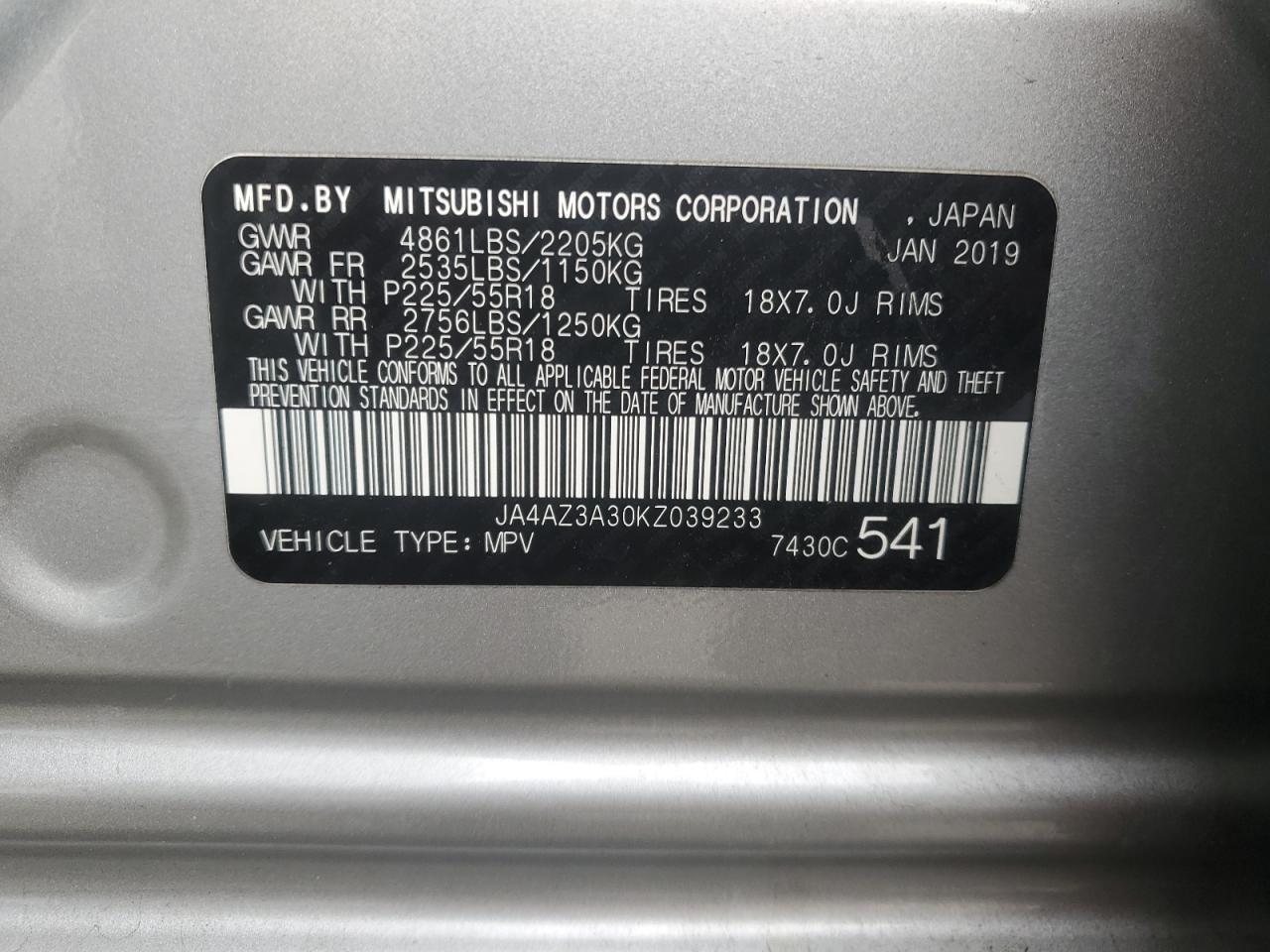 2019 Mitsubishi Outlander Se VIN: JA4AZ3A30KZ039233 Lot: 87224935