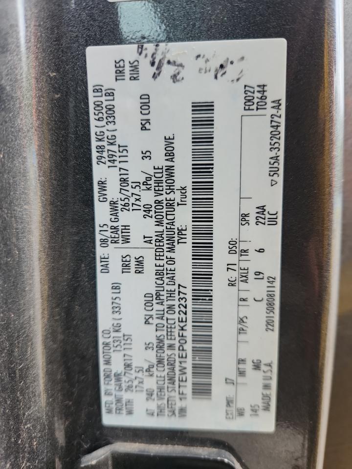 2015 Ford F150 Supercrew VIN: 1FTEW1EP0FKE22377 Lot: 90261685