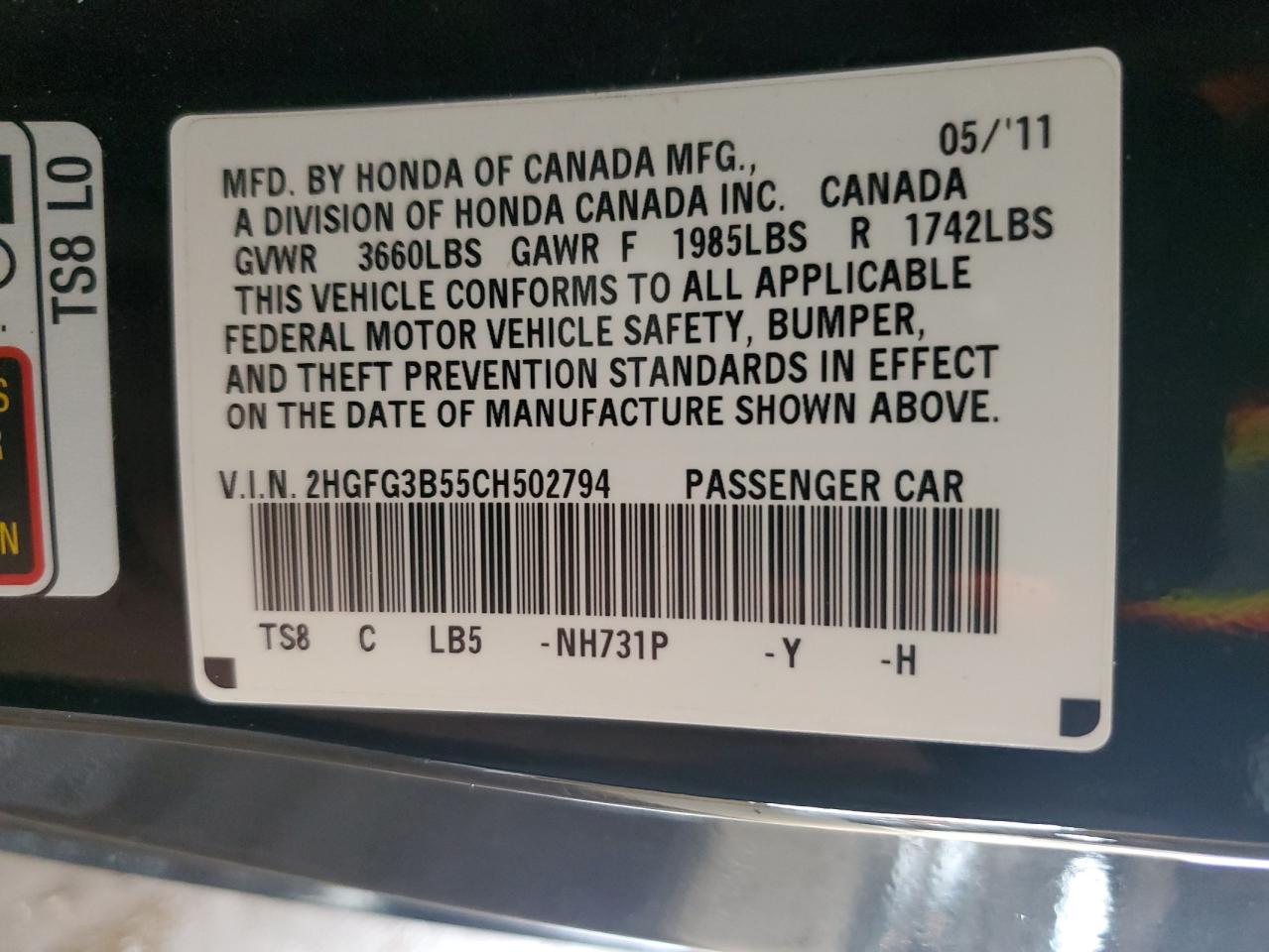 2012 Honda Civic Lx VIN: 2HGFG3B55CH502794 Lot: 86340705