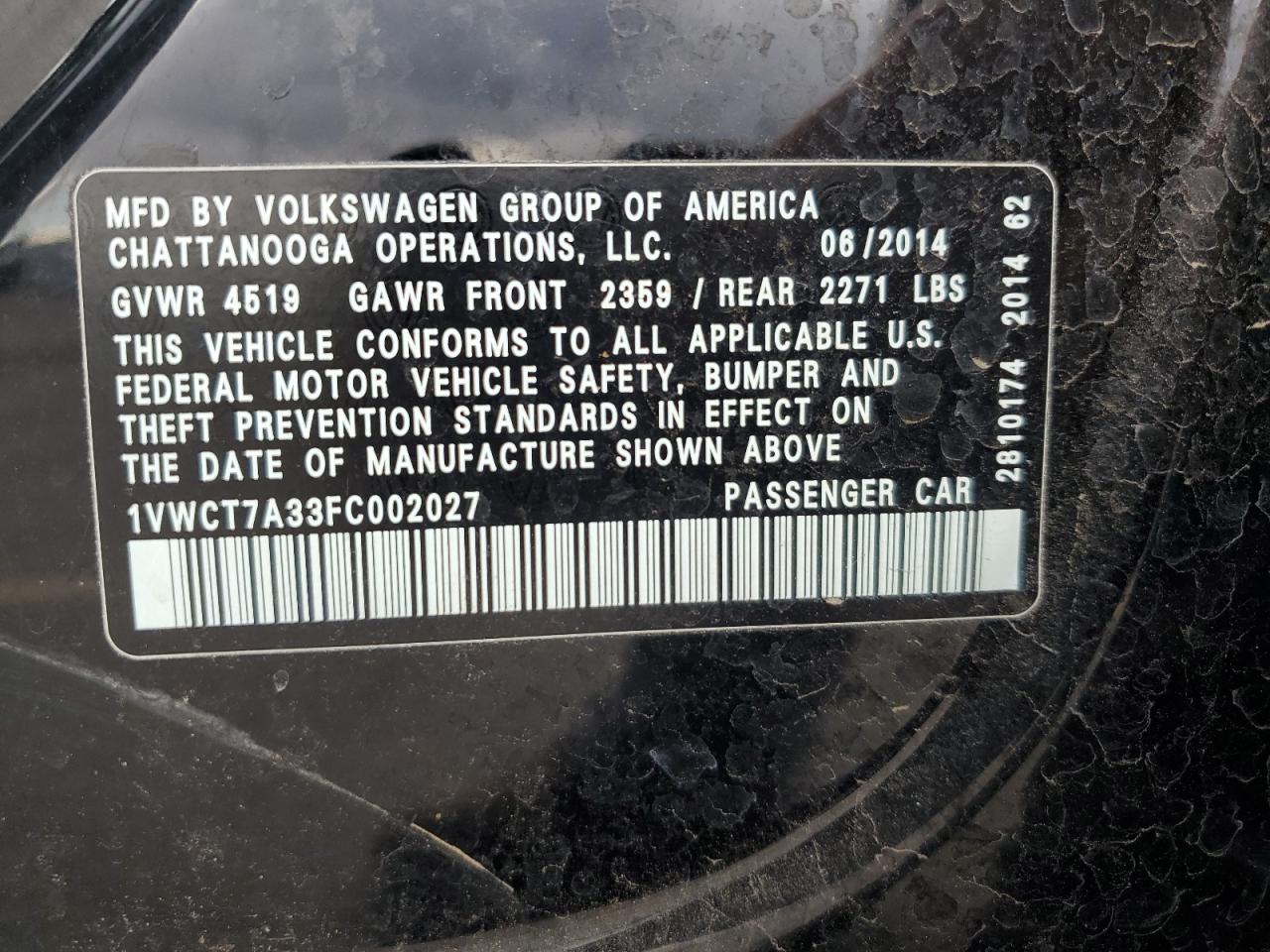 2015 Volkswagen Passat Sel VIN: 1VWCT7A33FC002027 Lot: 86312685