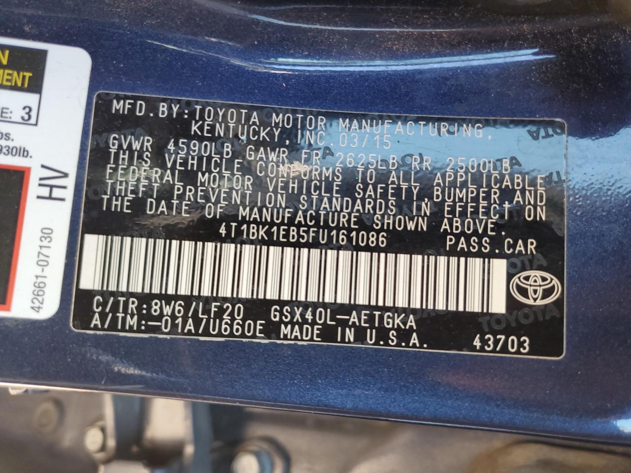 2015 Toyota Avalon Xle VIN: 4T1BK1EB5FU161086 Lot: 89690775