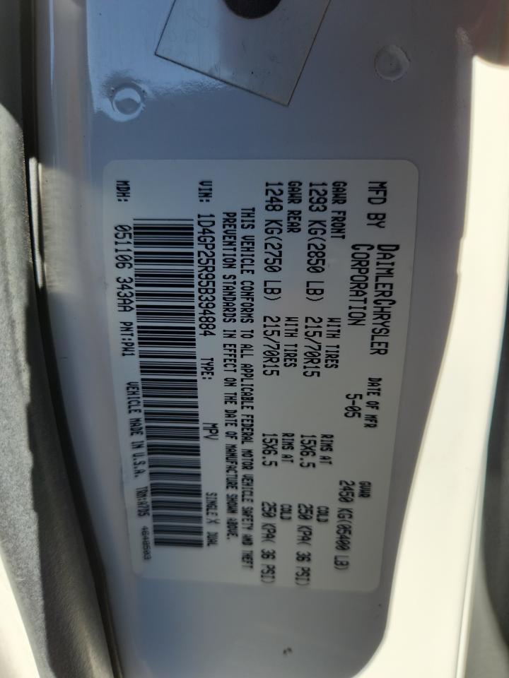 2005 Dodge Caravan Se VIN: 1D4GP25R95B394884 Lot: 89882125