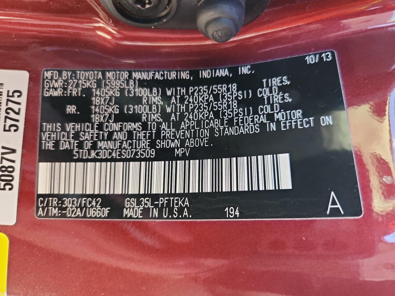 2014 Toyota Sienna Le VIN: 5TDJK3DC4ES073509 Lot: 84785665