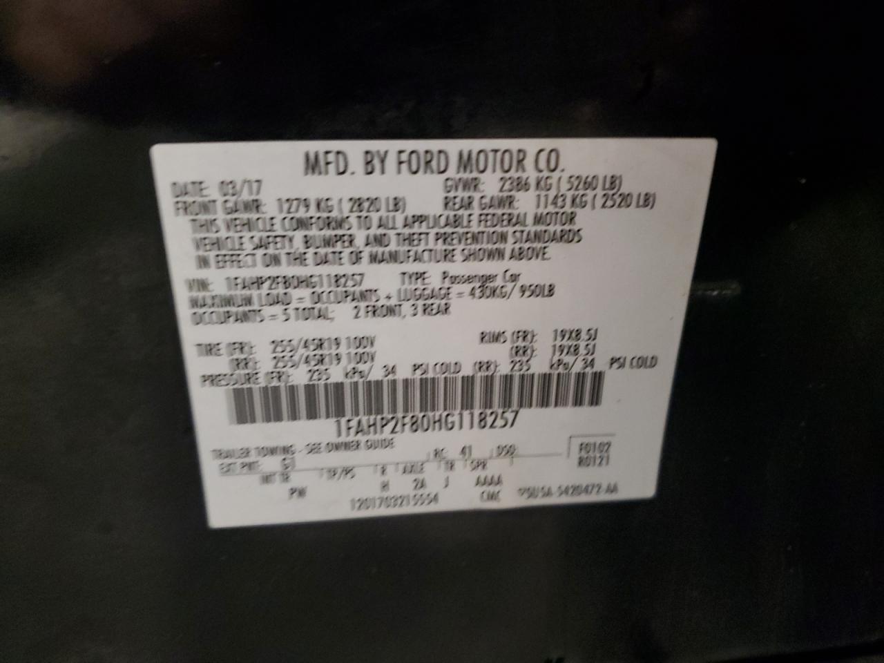 2017 Ford Taurus Limited VIN: 1FAHP2F80HG118257 Lot: 86706225