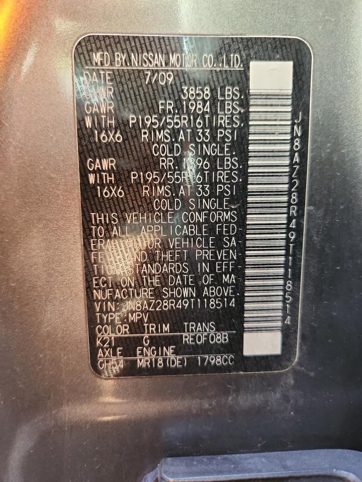 2009 Nissan Cube Base VIN: JN8AZ28R49T118514 Lot: 82635015