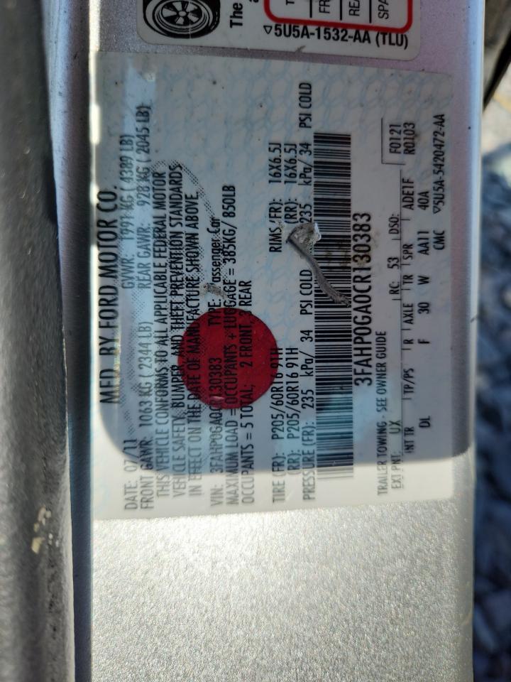 2012 Ford Fusion S VIN: 3FAHP0GA0CR130383 Lot: 84976945