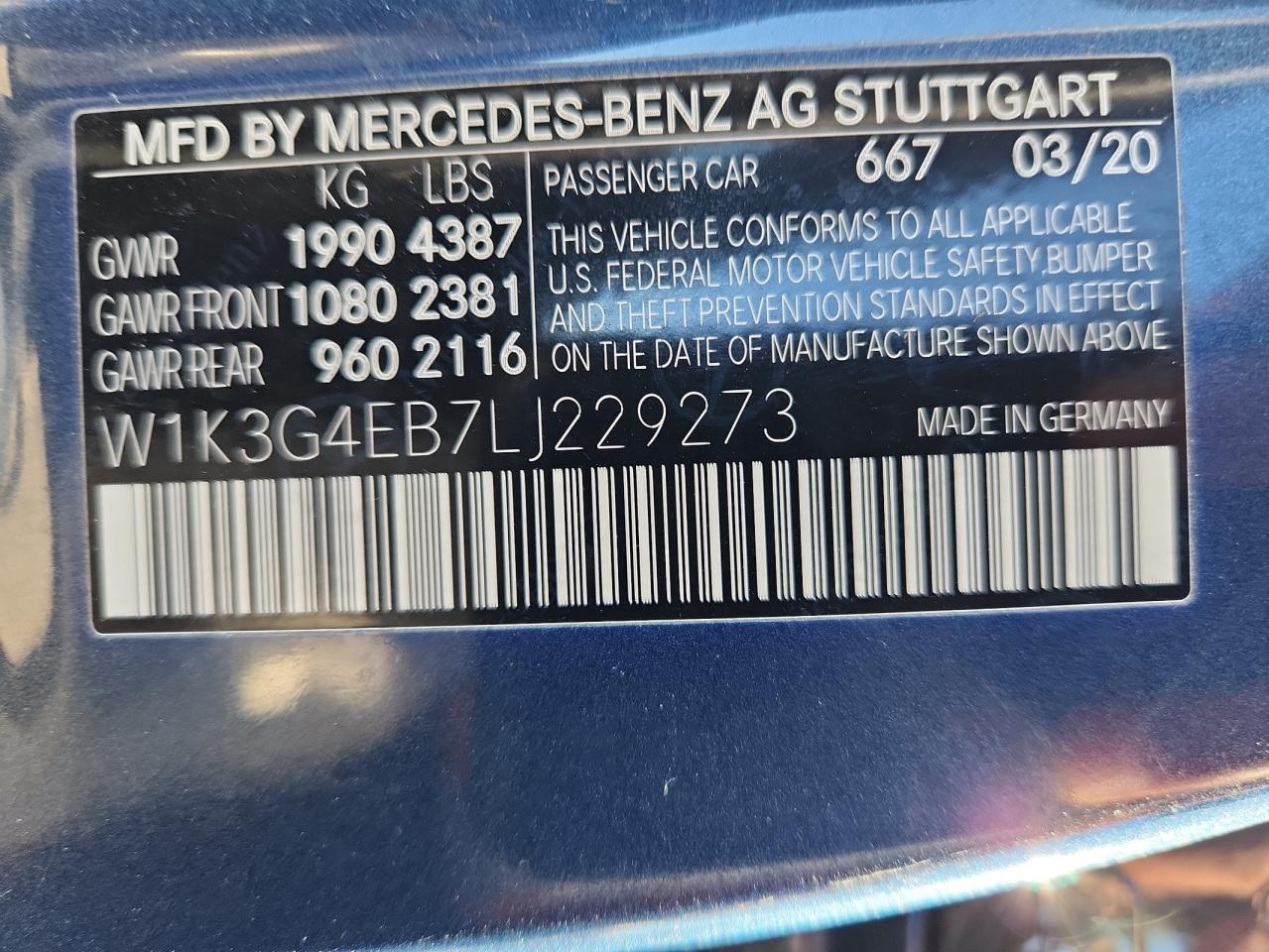 2020 Mercedes-Benz A 220 VIN: W1K3G4EB7LJ229273 Lot: 90361655