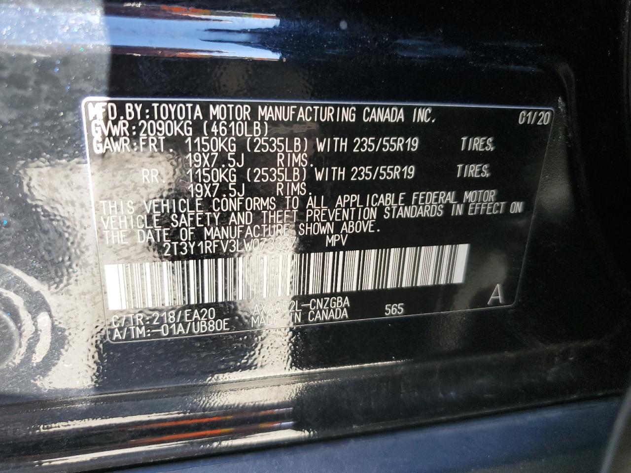 2020 Toyota Rav4 Limited VIN: 2T3Y1RFV3LW073337 Lot: 87424805