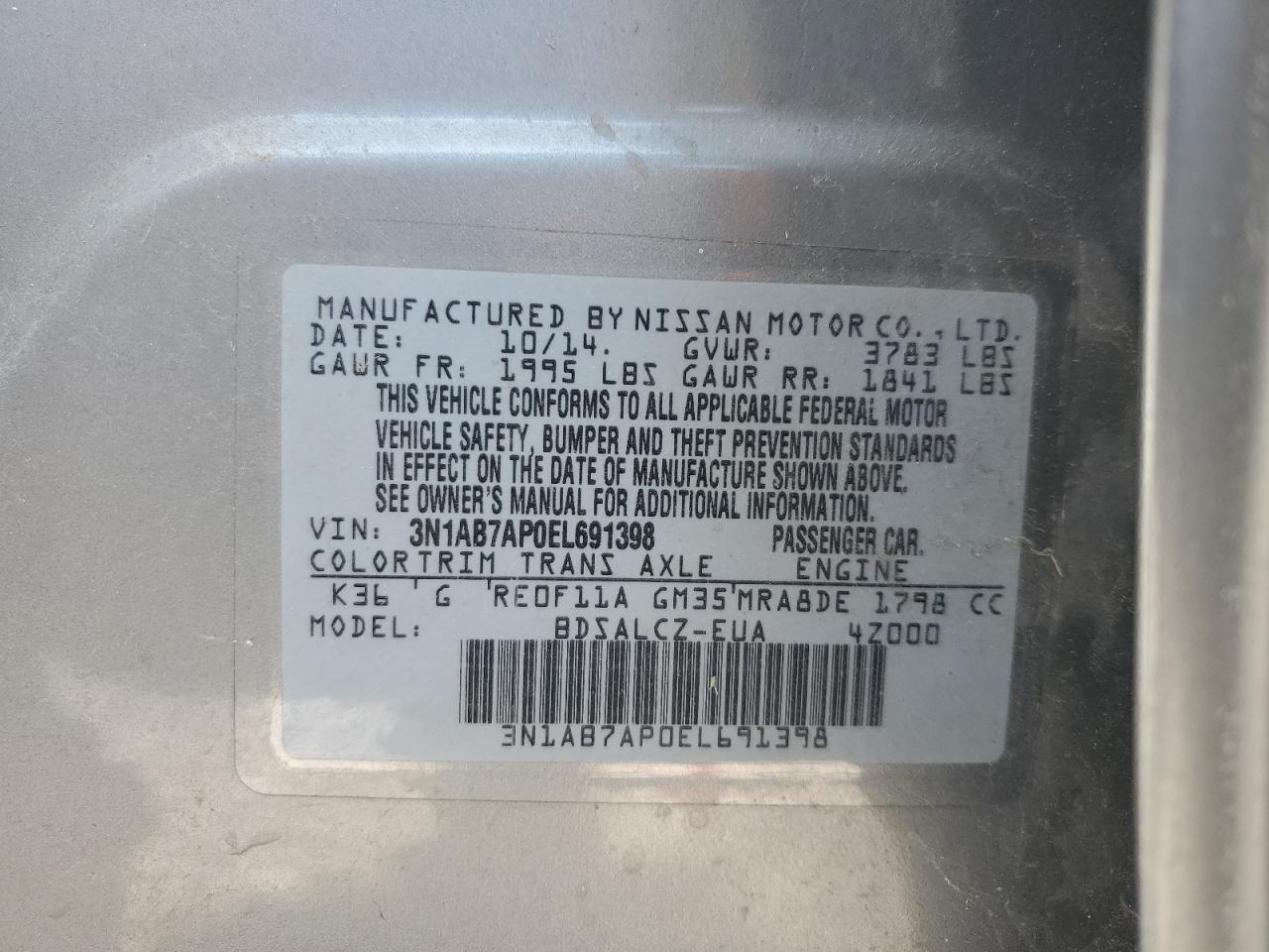 2014 Nissan Sentra S VIN: 3N1AB7AP0EL691398 Lot: 82689315