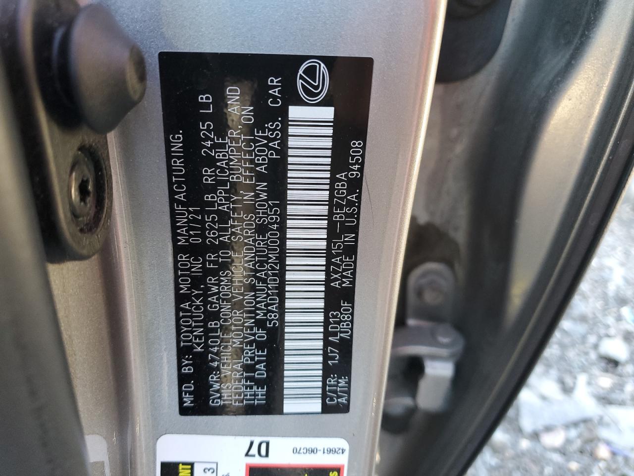 2021 Lexus Es 250 Base VIN: 58AD11D12MU004951 Lot: 82409615