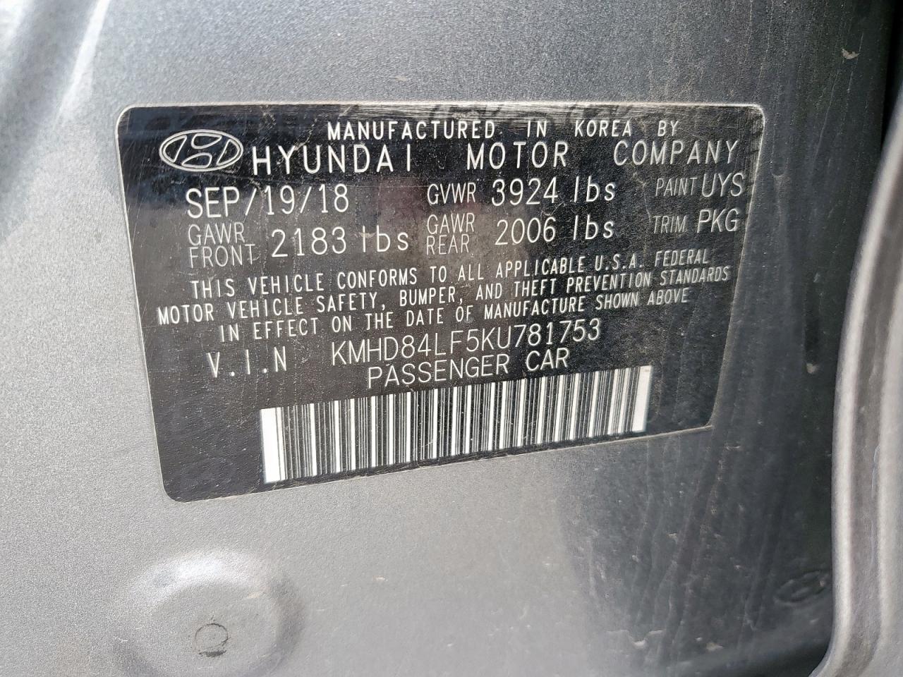 2019 Hyundai Elantra Sel VIN: KMHD84LF5KU781753 Lot: 84536995